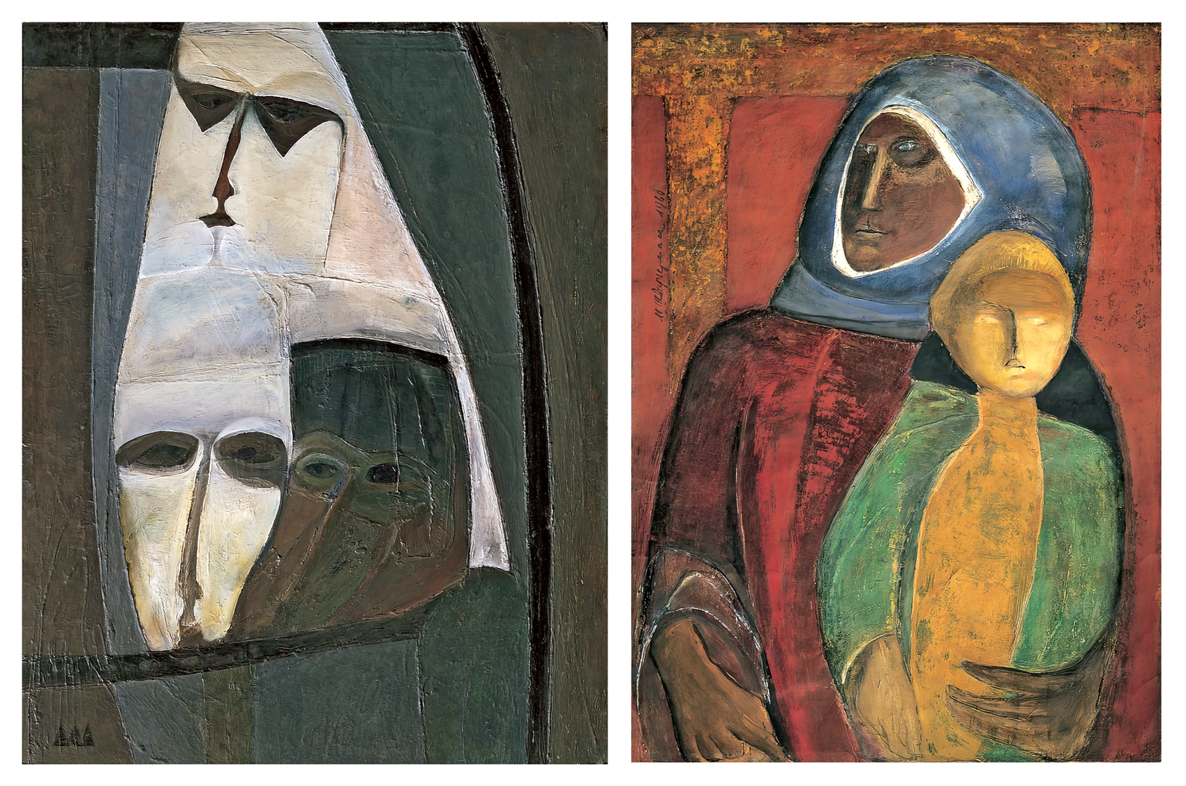 Слева: М. Шварцман, «Флейтисты», 1958 г. Справа: М. Шварцман, «С внуком», 1960 г.